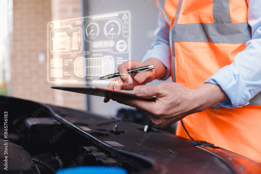 Naklejka premium Technician using tablet to analyze electric vehicle system with virtual interface, inspecting battery and engine diagnostics inside car. Concept of EV maintenance and smart technology.
