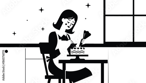 A woman in an apron decorating a cake at a table silhouette