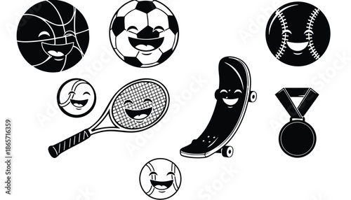 A black and white illustration of smiling sports icons in silhouette mode