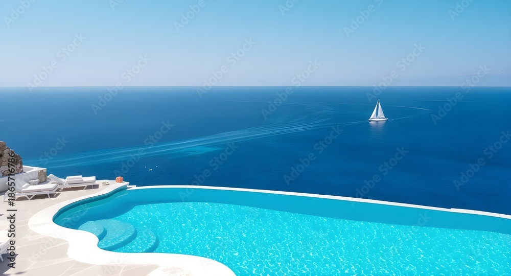 Fototapeta premium Infinity Pool on a White Cliff Overlooking a Sailboat on the Mediterranean