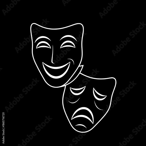 Classic theater emblem reimagined, stylized black masks with white facial lines, overlapping composition, minimal detail, symbolic drama representation