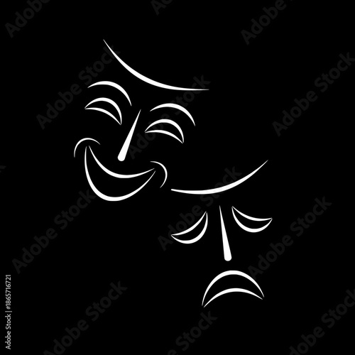 Classic theater emblem reimagined, stylized black masks with white facial lines, overlapping composition, minimal detail, symbolic drama representation