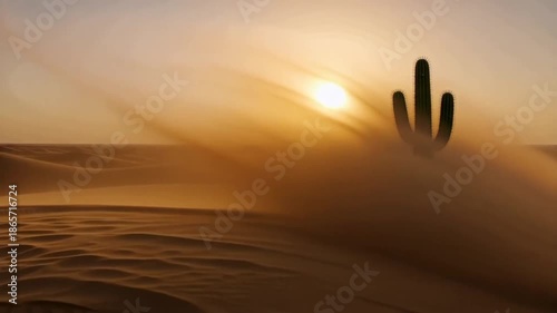 Serene desert landscape with majestic cactus at sunset