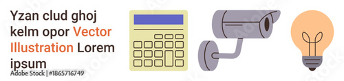 Technology, innovation, security, surveillance, energy efficiency, analytics. Digital calculator, CCTV camera light bulb and text. Technology and innovation-focused concept