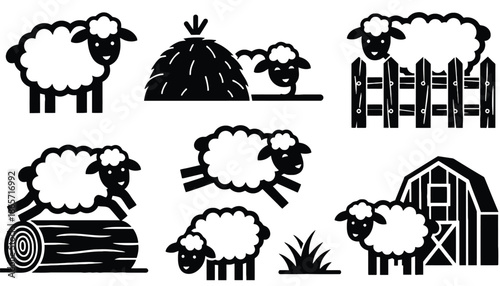 A black and white illustration of sheep in a rural farm setting silhouette