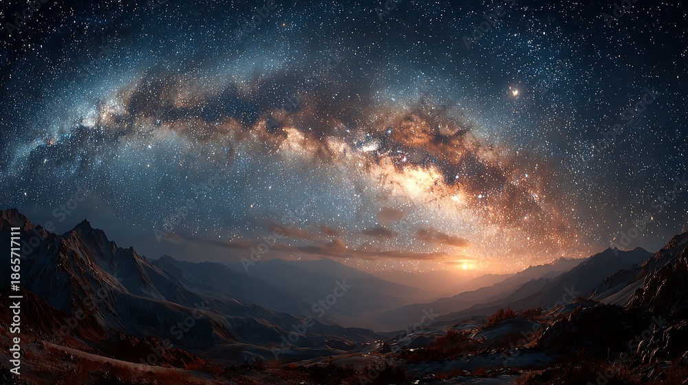 Naklejka premium Majestic Milky Way Galaxy Over Rugged Mountain Landscape at Sunset stars space