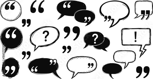 Hand Drawn Quotation Marks Doodle Black Quote Sign Sketch Speech Bubble And Communication Comma Symbol