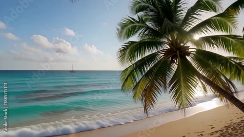 Serene tropical beach with swaying palm trees and turquoise ocean waves