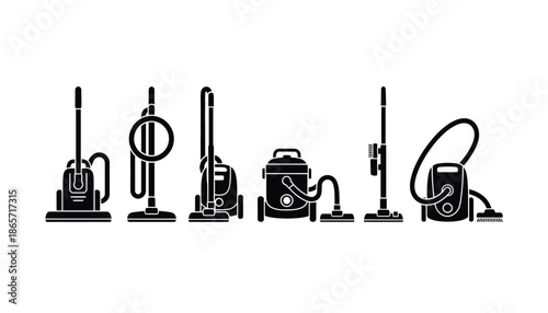 A row of various vacuum cleaners in silhouette on a white background