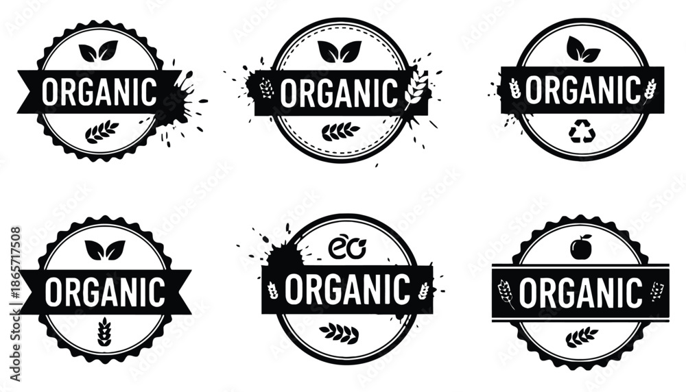 Fototapeta premium A set of organic labels with various designs and icons silhouette