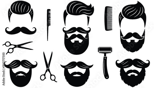 A set of black and white illustrations of men's hairstyles and beards silhouette