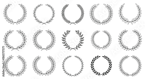 Extensive collection of black laurel wreath sketches in various artistic styles for awards certifications and logo design.