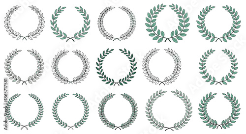 Selection of laurel wreath icons in green and black featuring various leaf shapes for awards certifications and classic branding.