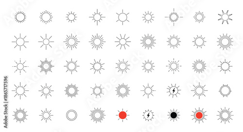 Collection of sunburst and sun icons in various line art styles featuring radiant rays and geometric shapes for graphic design projects.