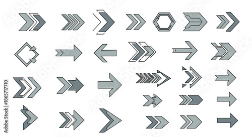 Set of modern tech style arrow icons and directional pointers with geometric and industrial shapes for digital interface designs.