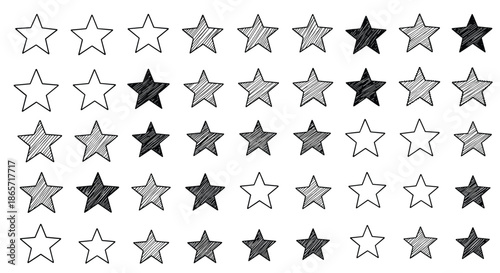 Large set of five pointed star icons featuring various hand drawn textures and fills for creative rating and award systems.