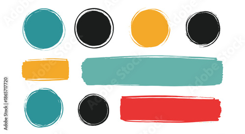 Collection of thick hand painted brush stroke shapes featuring circles and rectangles in a vibrant modern color palette.