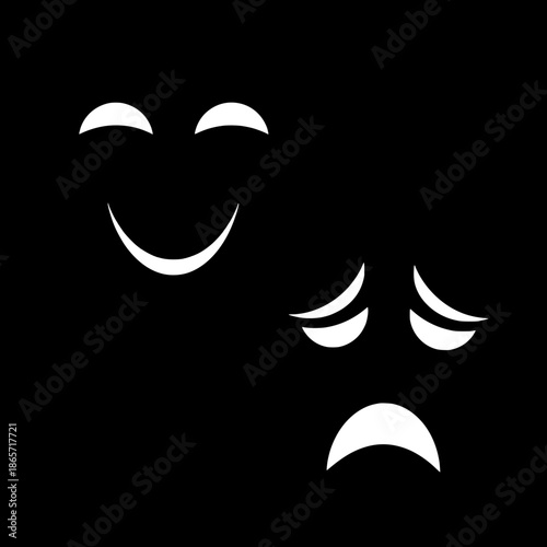 Abstract theater masks illustration, bold black forms, smiling and sad expressions outlined in white, flat design, poster-style simplicity