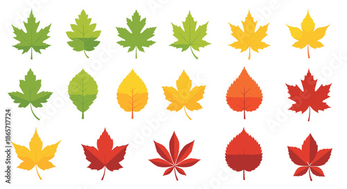 Colorful collection of autumn leaf icons in vibrant seasonal shades with simple geometric vein patterns for fall themed designs.