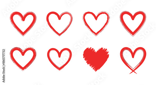 Set of red hand drawn heart icons featuring various sketchy outlines and one solid fill for romantic and decorative cards.