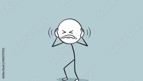 Stressed Stick Figure Man Covering Ears, Annoyed by Loud Noise on Light Blue Background