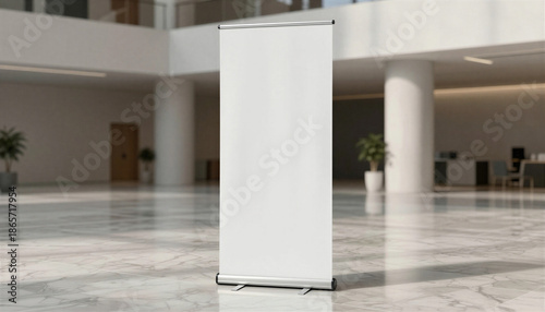 Realistic trade show banner mockup in modern minimalist style on polished convention center floor for professional branding display