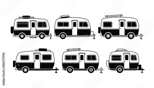 A set of black and white illustrations of various camper van silhouettes