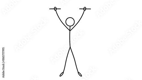 Cartoon Stick Man Holding Onto Something Overhead with Both Hands, Isolated White Background.
