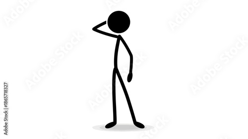 Thoughtful Stick Figure Standing with Hand to Head, Looking Confused or Unsure on an Isolated White Background.