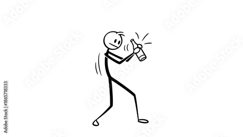 Excited Stick Figure Shaking a Bottle, Anticipating a Burst or Celebration on an Isolated White Background.