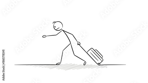 Stick Figure Pulling a Rolling Suitcase, Depicting Travel or Departure on an Isolated White Background.