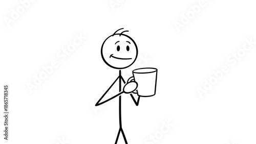 Happy Stick Figure Smiling and Holding a Mug or Cup, Enjoying a Drink on an Isolated White Background.