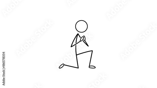 Stick Figure Kneeling with Clasped Hands, Appearing to Pray, Beg, or Propose on an Isolated White Background.