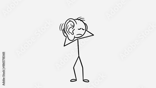 Stick Figure Cupping Hands to Ear, Listening Intently or Trying to Hear Better on an Isolated White Background.