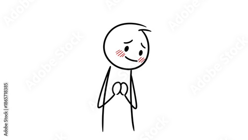 Shy and Blushing Stick Figure Standing with Clasped Hands on an Isolated White Background.