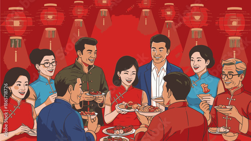 Illustration of a diverse group of people enjoying a meal together on Chinese's Day with traditional clothing and red decorations