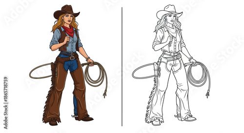 Western Cowgirl Holding Lariat Lasso Rope Classic Americana Frontier Illustration
