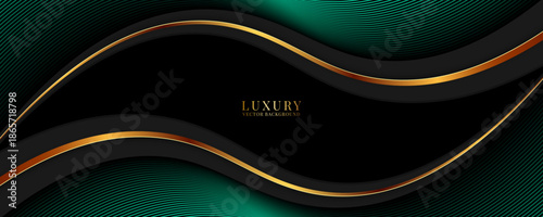 3D green black luxury abstract background overlap layer on dark space with golden wave lines decoration. Modern graphic design element cutout style concept for web, art, flyer, card or brochure cover