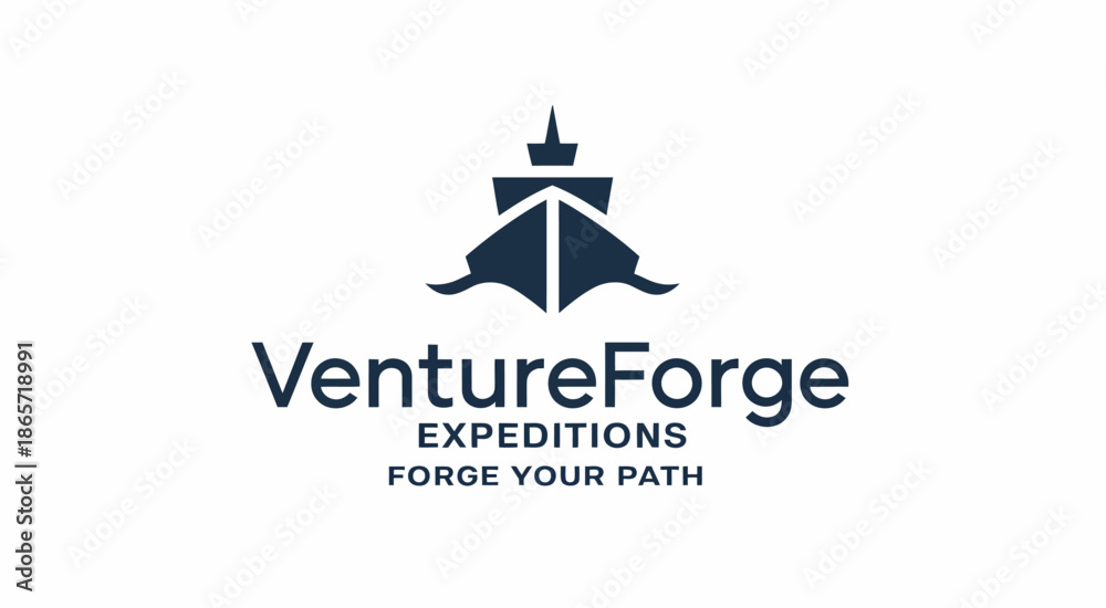 Fototapeta premium Dark blue and white stylized ship with Venture Forge Expeditions text and slogan