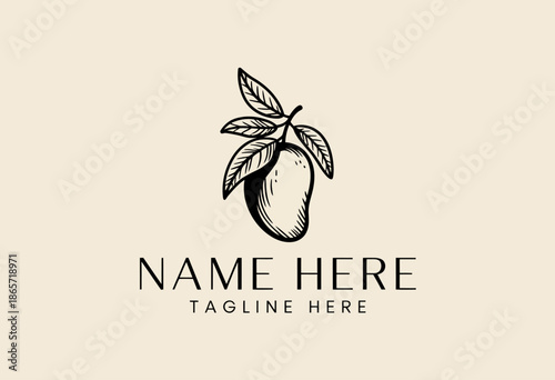 Minimalist Black Mango with Leaves and Text Placeholders on Beige Background