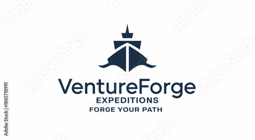 Dark blue and white stylized ship with Venture Forge Expeditions text and slogan