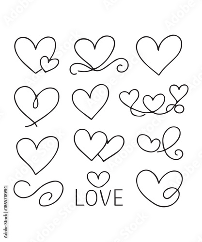 Hand drawn linear hearts set. Various brush, chalk, marker, ink drawn heart shapes. Artistic lines, outlines. Valentine's day uneven, textured edge doodle templates