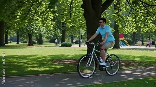 Man riding bicycle on sunny park path with playground