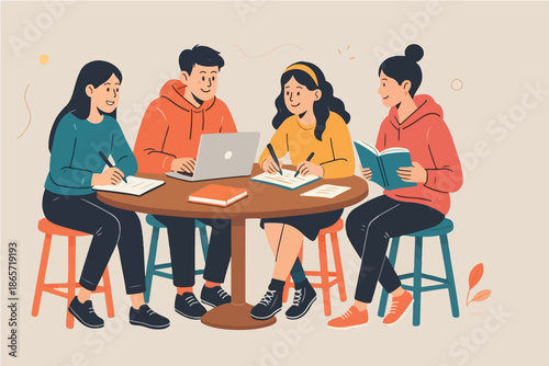 Team of people having a meeting and discussion at a cafe table, modern coworking lifestyle illustration