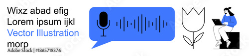 Speech recognition, digital communication, remote work, user interface, audio transcription, technology innovation. Microphone, waveform in speech bubble person with laptop tulip. Speech