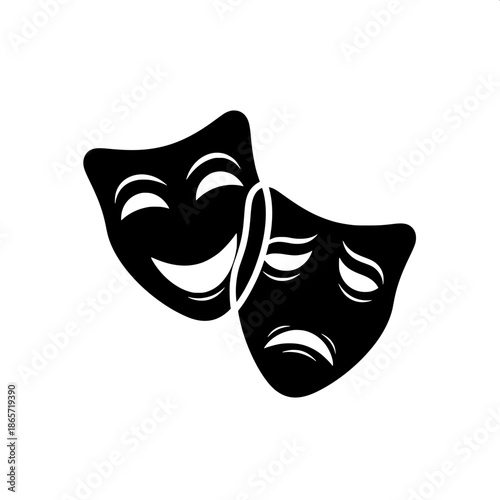 Minimal logo for performing arts, overlapping comedy and tragedy masks, solid black silhouettes, smooth curved line faces, flat vector aesthetic
