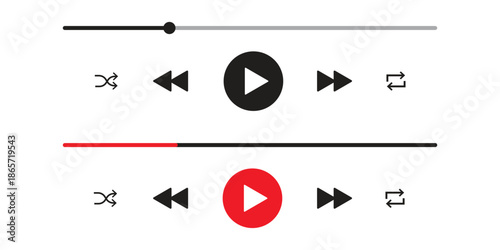 video player interface with play button, timeline, sound control, and fullscreen option, graphics icon set