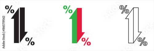 Percentage Exchange Arrows Financial  up and down Icons. Arrows with percentage symbols in different styles and colors, representing exchange rates, discounts, financial change,  or economic cycles.