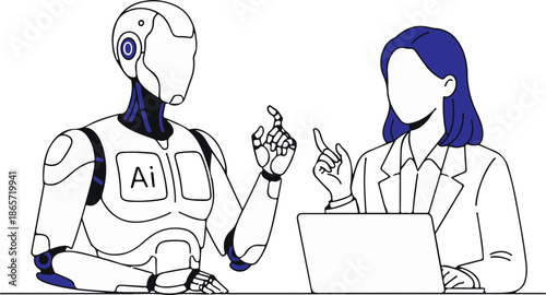 Female CEO Collaborating with AI Humanoid for Business Support Presentation Illustration