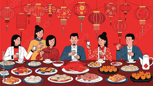 Illustration of a group of people celebrating Chinese's Day with traditional food and drinks in a festive setting with hanging lanterns and a red background.